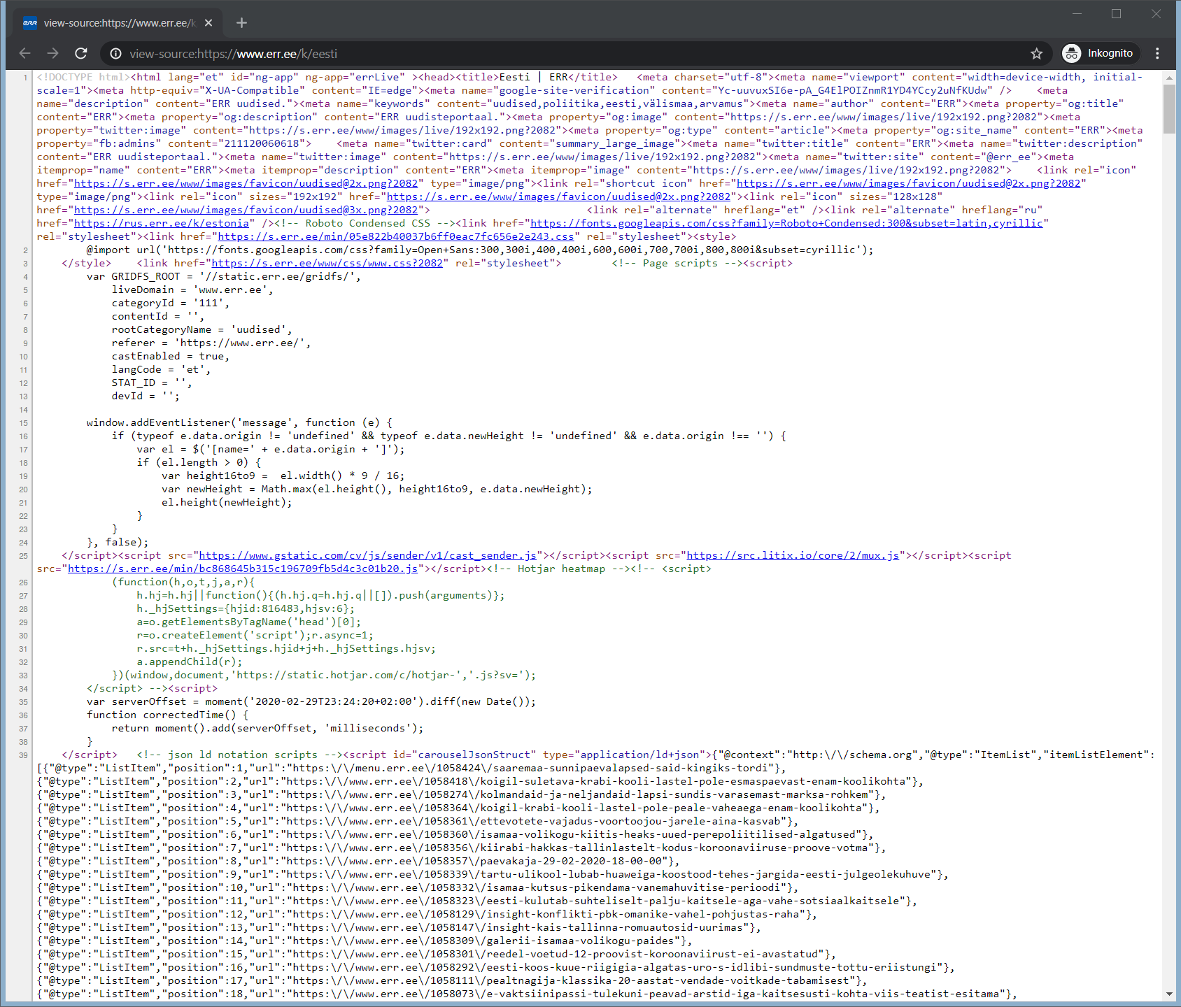 Osa veebilehe err.ee lähtekoodist